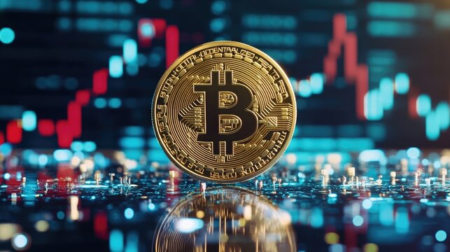 Golden bitcoin coin with blockchain-style texture placed over a digital background of fluctuating financial data and red market graph lines. Generative by AI