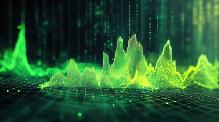 Abstract digital chart with bright green lines showing fluctuating financial data on a dark background with glowing particles. Generative by AI