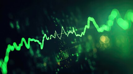 Abstract digital chart with bright green lines showing fluctuating financial data on a dark background with glowing particles. Generative by AI