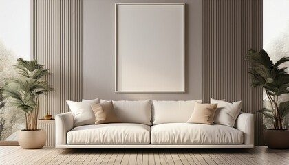 vertical frame mockup with white sofa in a modern interior room 3d render