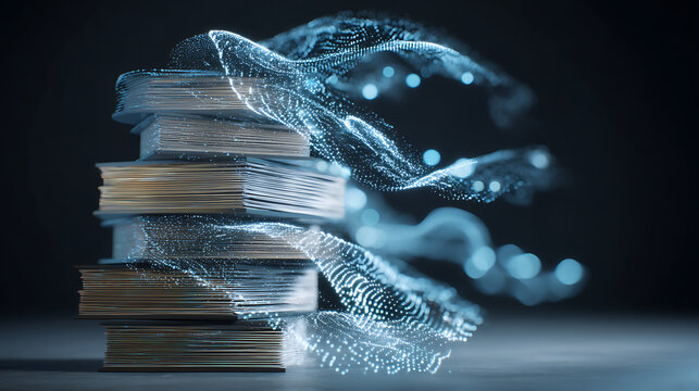 Stack of printed books transforming into glowing digital data particles representing knowledge transfer innovation e learning and future of technology in education and publishing industries