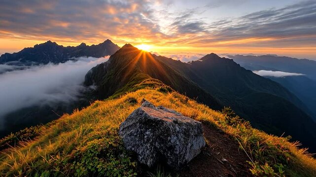 Dramatic mountain ridge view at sunrise with golden hour lighting clouds and sun rays. Rugged terrain with a large rock formation in the foreground