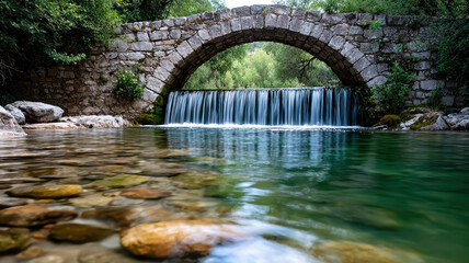 Fototapeta premium Stone arch bridge over tranquil waterfall and clear river with smooth water, surrounded by lush green forest, peaceful and serene natural landscape