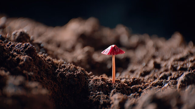 Red mushroom growing from rich brown soil, illuminated by soft natural light, symbolizing growth and resilience in tranquil forest environment, evoking sense of wonder