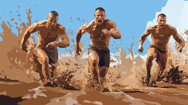 Muscular Men Racing with Determination in Winning Mud Race