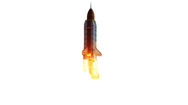Vertical rocket launch with vibrant flames and dynamic lighting. Designed for aerospace, space exploration themes, or sci-fi visuals. Isolated on transparent background, png