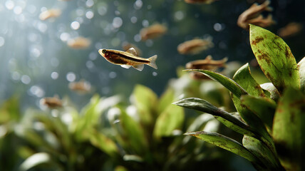 Underwater close up of small fish swimming among green aquatic plant, sunlight filtering through water, peaceful and natural aquatic scene