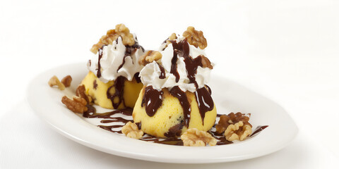 National Dishes of Hungary - Somloy Dumpling - a sponge cake dessert with walnuts, rum syrup, whipped cream and chocolate sauce