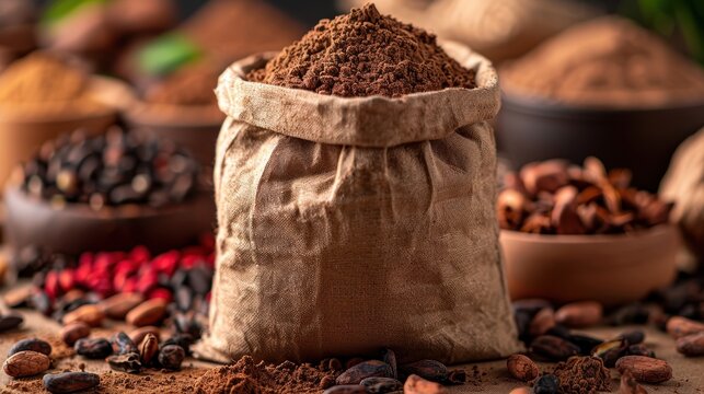 Organic digestive powder spilled from a jute bag, accompanied by its raw spice components, set against a white background