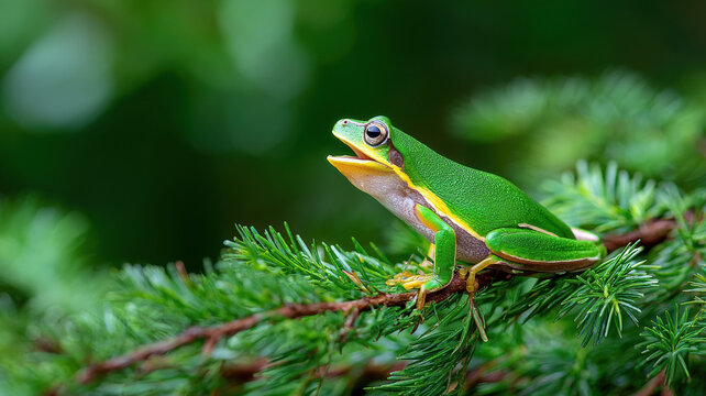 Green tree frog calling on pine branch, vibrant rainforest background, amphibian displaying vocal sac, natural wildlife scene, lush foliage, energetic and lively atmosphere - Powered by Adobe