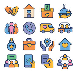 Community Support modern flat .Helping hands, community center, donation box, meal delivery icon, neighborhood group, support hotline, care van, shared ride icon, volunteer badge,