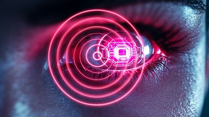 Close-up video featuring a futuristic concept eye with glowing red digital overlay. The eye details are highlighted against a dark background with dramatic lighting - Powered by Adobe