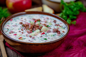 Okroshka. Cold soup made from finely diced vegetables, pickles, and meat.