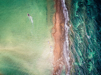 Overhead view of boats at Carneiros beach (Praia dos Carneiros). Pernambuco, Brazil.
