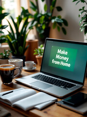 Earn money from home. Home office. Coffee cup on a home desk.