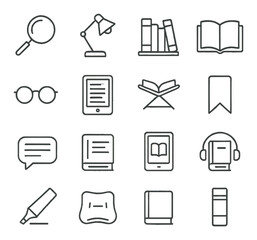 Reading tools line art icons. magnifier, reading lamp, bookshelf, open book, glasses, e-reader, book stand, page marker, annotation icon, reading log, digital book, audiobook,