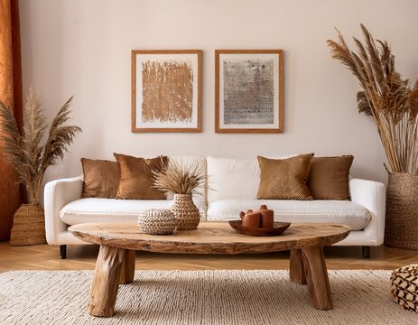 rustic coffee table near white sofa with brown pillows against wall with two poster frames boho ethnic home interior design of modern living room