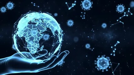 Glowing Blue Earth in Hand Surrounded by Viruses on Black Background Digital Illustration of Global Health Concept - Powered by Adobe