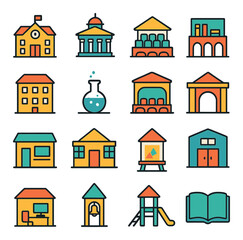 Educational Buildings modern flat .School building, university campus, lecture hall, library, dormitory icon, science lab, auditorium, school gate, classroom wing, student center,