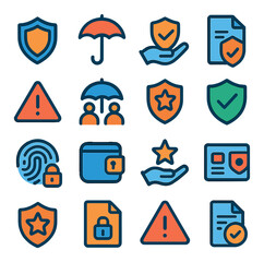 Insurance Symbols modern flat .Shield icon, umbrella protection, hand holding shield, secure document, risk icon, covered icon, protection badge, checkmark in shield, fingerprint