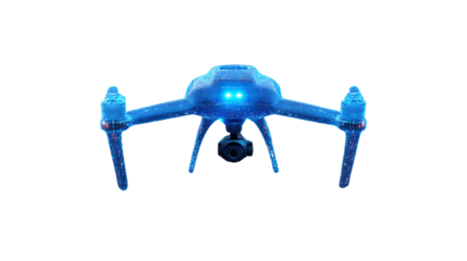 Real holographic effect from photo.  Transparent PNG. Futuristic drone with digital texture and glowing lights. Ideal for tech, surveillance, or smart devices promos.