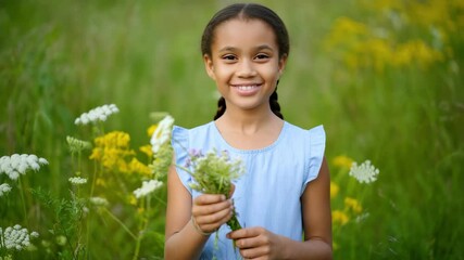 Smiling girl holding wildflowers, summer meadow portrait, happy child in nature, outdoor floral scene, carefree childhood concept, natural beauty lifestyle, blooming field background, cheerful kid ima - Powered by Adobe