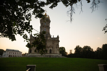 Beautiful branches of the tree on the old architecture church building on nature bright sunset light and sky background