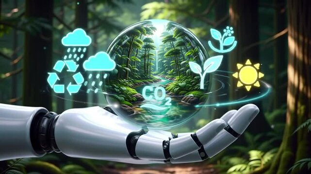 Robotic Hand Holding a Globe Displaying Forest Eco Symbols in Green Lush Forest Setting