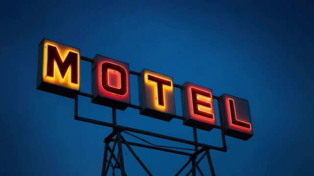 Vintage motel neon sign, retro roadside accommodation, glowing letters at night, classic travel landmark, nostalgic Americana concept, illuminated signage design, highway stop destination