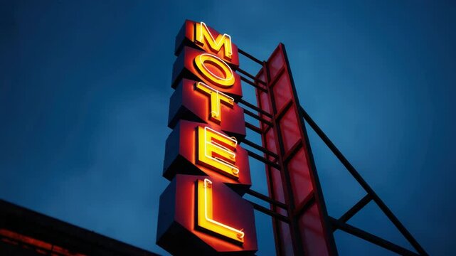 Retro motel neon sign, vintage roadside accommodation, glowing letters at night, classic travel landmark, nostalgic Americana concept, illuminated vertical signage, highway stop destination