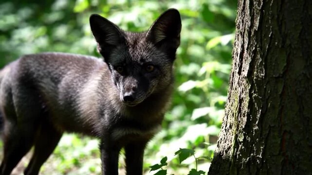 Silver Fox Stands Near Tree Trunk in Sun Dappled Forest Highlighting Glossy Fur and Alert Gaze in Lush Green