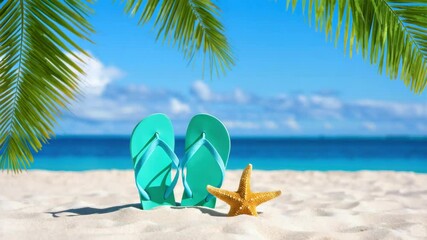 Beach flip flops, tropical vacation scene, turquoise sandals, summer holiday concept, sandy beach relaxation, ocean view, starfish decoration, exotic travel destination, coastal lifestyle