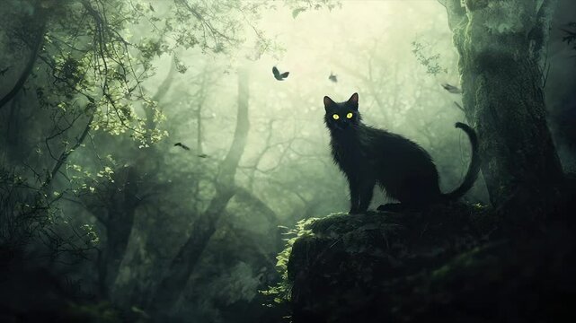A black cat with glowing eyes sits on a rock in a misty, dark forest