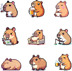 collection cute capybara activity pixel art