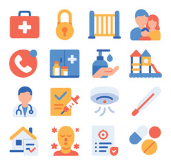 Family Health & Safety modern flat .First aid kit, child lock, baby gate, family insurance, emergency contact, medicine cabinet, hand sanitizer, safe play area, family doctor icon,