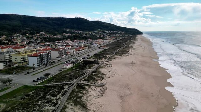 Aerial view of Praia da Tocha beach and town, Portugal.