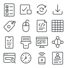 Data collection tools line art icons. survey form, checkbox field, data sync icon, import arrow, tracking tag, input device, log file, spreadsheet icon, mobile input, barcode