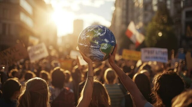 A crowd at a protest holds aloft a globe, symbolizing global unity and environmental action during a sunny day