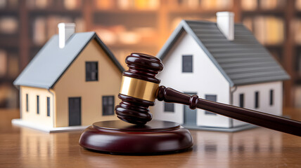 Real estate auction concept featuring a gavel, home models, representing foreclosure, legal decisions in property and judicial matters.