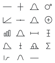 Statistical symbols line art icons. mean icon, median marker, standard deviation curve, correlation symbol, regression line, outlier dot, probability bell, variance icon, histogram