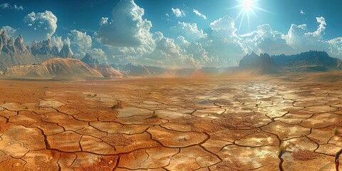 Aerial perspective of a road through a parched river with mountains behind in a desert setting