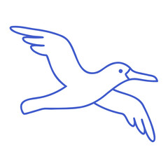 Flying ocean bird in marine blue line art style. Hand drawn marine icon. Outline vector isolated illustration