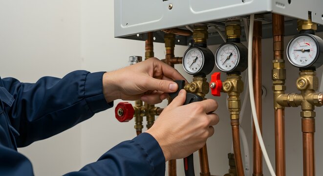 Professional Plumber Inspecting and Adjusting Boiler System Pipes and Gauges for Home Heating Maintenance