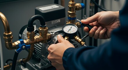 Hands of a Skilled Technician Adjusting Valves and Monitoring Pressure Gauge on Industrial Pumping System, Performing Maintenance and Inspection on...