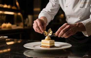 Luxury pastry chef assembling dessert with edible gold, dramatic kitchen lighting and cinematic close-up, gourmet culinary photography for fine patisserie branding