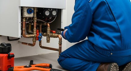 Professional Technician in Blue Overalls Servicing a Residential Gas Boiler or Heating System, Inspecting Copper Pipes and Valves During Maintenanc...