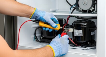 Professional Technician Diagnosing Refrigerator Electrical System with Multimeter for Appliance Repair and Maintenance