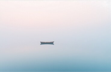 Wooden boat on pastel still water with full reflection, minimalist travel photo for solitude and calm visuals