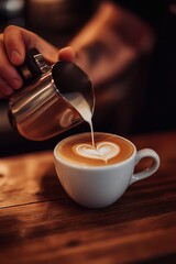 Pouring milk into latte art to create a delightful heart design atop a steaming cup of coffee on a wooden table, warm and inviting.