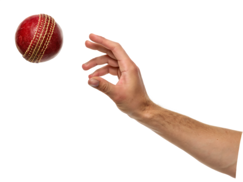 A human hand about to throw a red cricket ball with visible stitching against a black background isolated on a transparent background